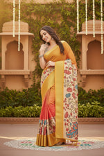 Load image into Gallery viewer, Women's Cotton Blend Floral Printed Saree With Unstitched Blouse 5.5Mtr (Yellow)