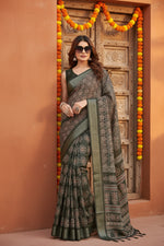 Load image into Gallery viewer, Generic Women's Cotton Blend Printed Saree With Unstitched Blouse 5.5Mtr (Black)