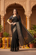 Load image into Gallery viewer, Women's Cotton Blend Checkered Saree With Unstitched Blouse 5.5Mtr (Black)