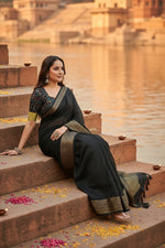 Load image into Gallery viewer, Women's Cotton Blend Checkered Saree With Unstitched Blouse 5.5Mtr (Black)