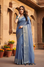 Load image into Gallery viewer, Women's Cotton Blend Checkered Saree With Unstitched Blouse 5.5Mtr (Blue)
