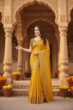 Load image into Gallery viewer, Women's Cotton Blend Checkered Saree With Unstitched Blouse 5.5Mtr (Yellow)