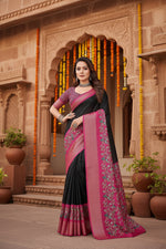 Load image into Gallery viewer, Women's Cotton Silk Printed Saree With Unstitched Blouse 5.5Mtr (Black-Pink)