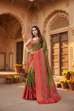 Load image into Gallery viewer, Women's Cotton Silk Printed Saree With Unstitched Blouse 5.5Mtr (Green-Red)