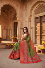 Load image into Gallery viewer, Women's Cotton Silk Printed Saree With Unstitched Blouse 5.5Mtr (Green-Red)