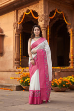 Load image into Gallery viewer, Women's Cotton Silk Printed Saree With Unstitched Blouse 5.5Mtr (White-Pink)