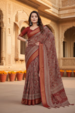 Load image into Gallery viewer, Women's Cotton Silk Printed Saree With Unstitched Blouse 5.5Mtr (Maroon)