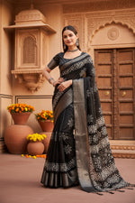 Load image into Gallery viewer, Women's Cotton Silk Printed Saree With Unstitched Blouse 5.5Mtr (Black)
