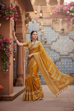 Load image into Gallery viewer, Women's Cotton Silk Printed Saree With Unstitched Blouse 5.5Mtr (Yellow)