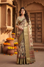 Load image into Gallery viewer, Women's Cotton Silk Printed Saree With Unstitched Blouse 5.5Mtr (Cream)