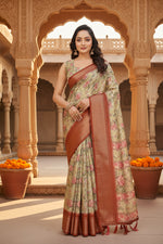Load image into Gallery viewer, Women's Cotton Silk Floral Printed Saree With Unstitched Blouse 5.5Mtr (Gold)