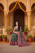 Load image into Gallery viewer, Women's Cotton Silk Floral Printed Saree With Unstitched Blouse 5.5Mtr (Green)