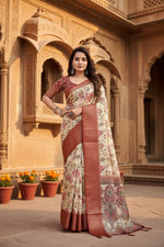 Load image into Gallery viewer, Women's Cotton Silk Floral Printed Saree With Unstitched Blouse 5.5Mtr (Gold-Brown)