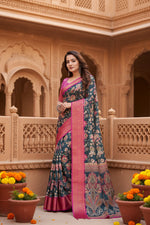 Load image into Gallery viewer, Women's Cotton Silk Floral Printed Saree With Unstitched Blouse 5.5Mtr (Green-Pink)