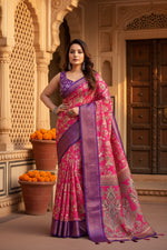 Load image into Gallery viewer, Women's Cotton Silk Floral Printed Saree With Unstitched Blouse 5.5Mtr (Pink-Purple)
