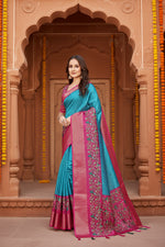 Load image into Gallery viewer, Women's Cotton Silk Printed Saree With Unstitched Blouse 5.5Mtr (Blue-Pink)