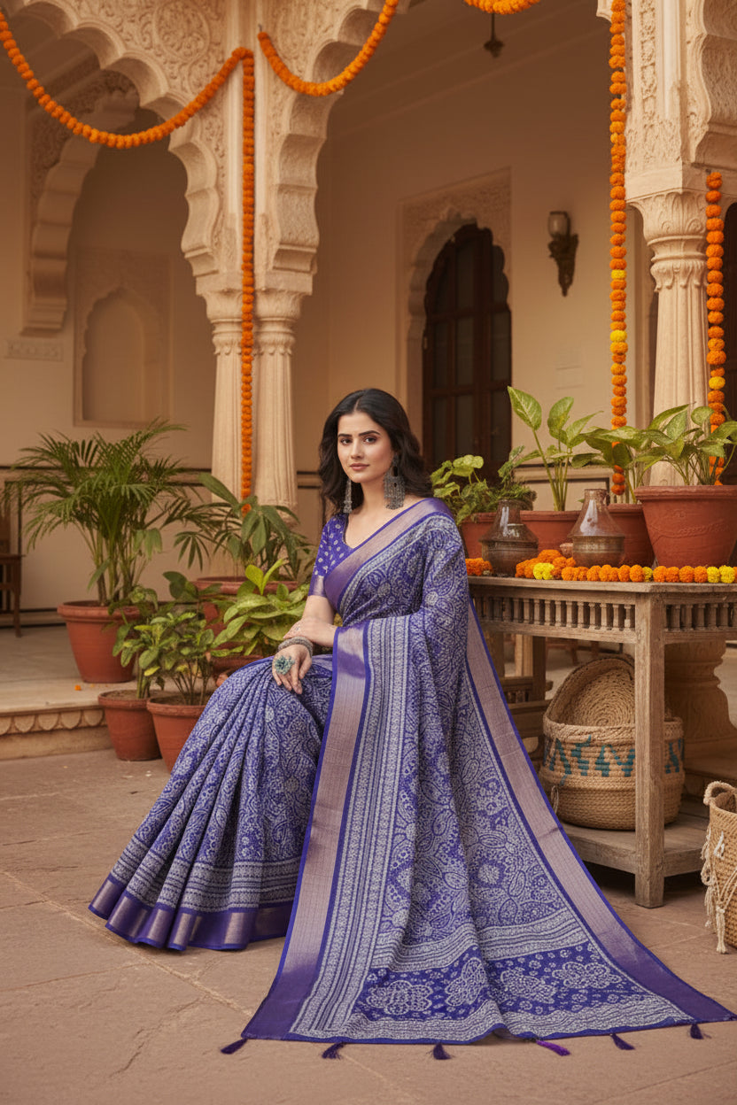 Women's cotton silk floral printed saree with unstitched blouse 5