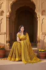 Load image into Gallery viewer, Women's Cotton Silk Floral Printed Saree With Unstitched Blouse 5.5Mtr (Yellow)
