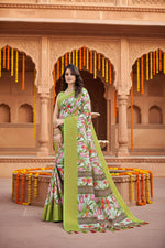 Load image into Gallery viewer, Women's Cotton Silk Floral Printed Saree With Unstitched Blouse 5.5Mtr (Green-White)