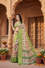 Load image into Gallery viewer, Women's Cotton Silk Floral Printed Saree With Unstitched Blouse 5.5Mtr (Green-White)