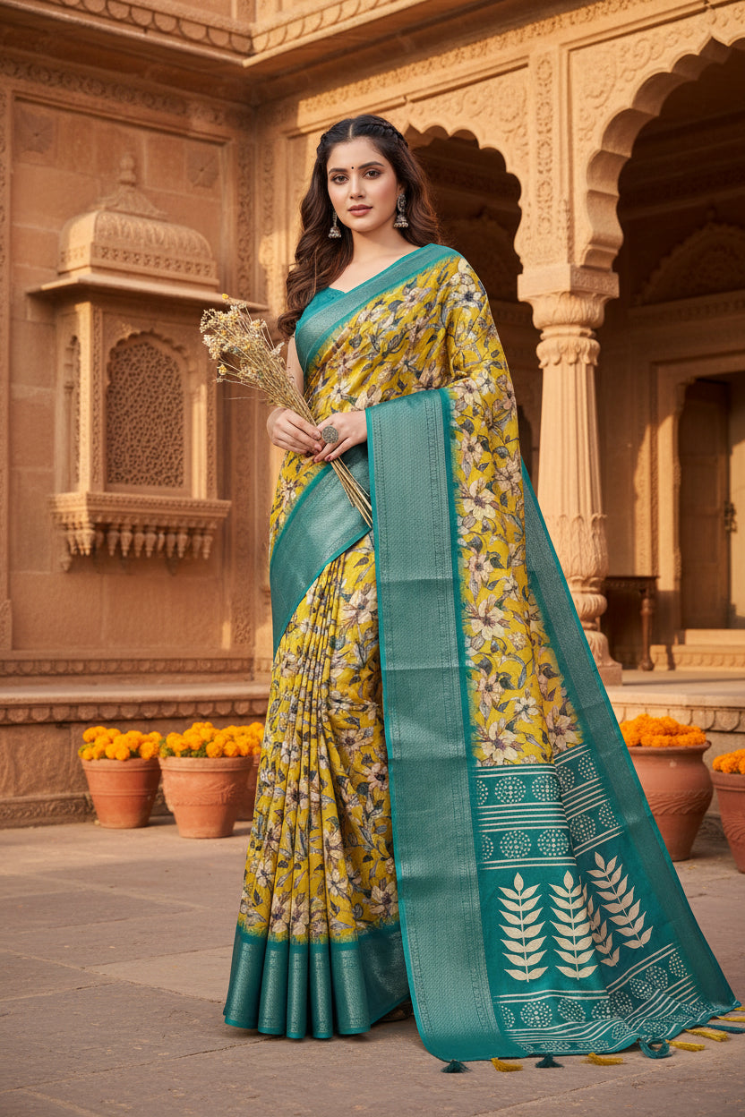 Women's cotton silk floral printed saree with unstitched blouse 5