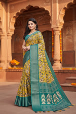Load image into Gallery viewer, Women's Cotton Silk Floral Printed Saree With Unstitched Blouse 5.5Mtr (Yellow)