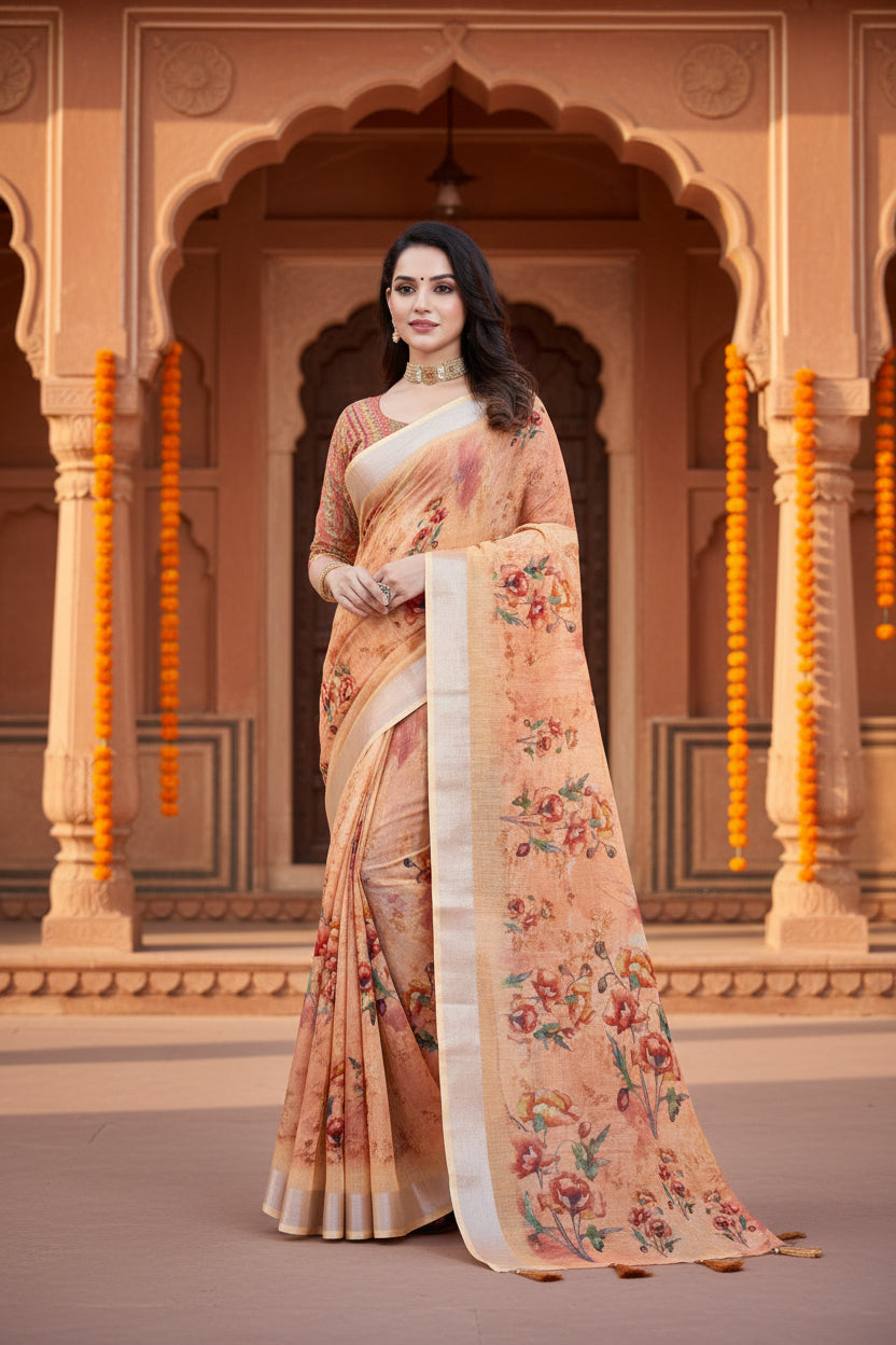 Pid 66677 women s cotton silk floral printed saree with unstitched blouse 5 5 mtr orange 2 1000x1000