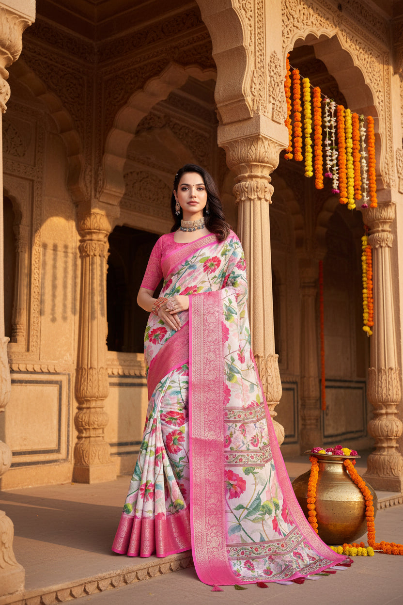 Pid 66678 women s cotton silk floral printed saree with unstitched blouse 5 5 mtr pink white 2 1000x1000