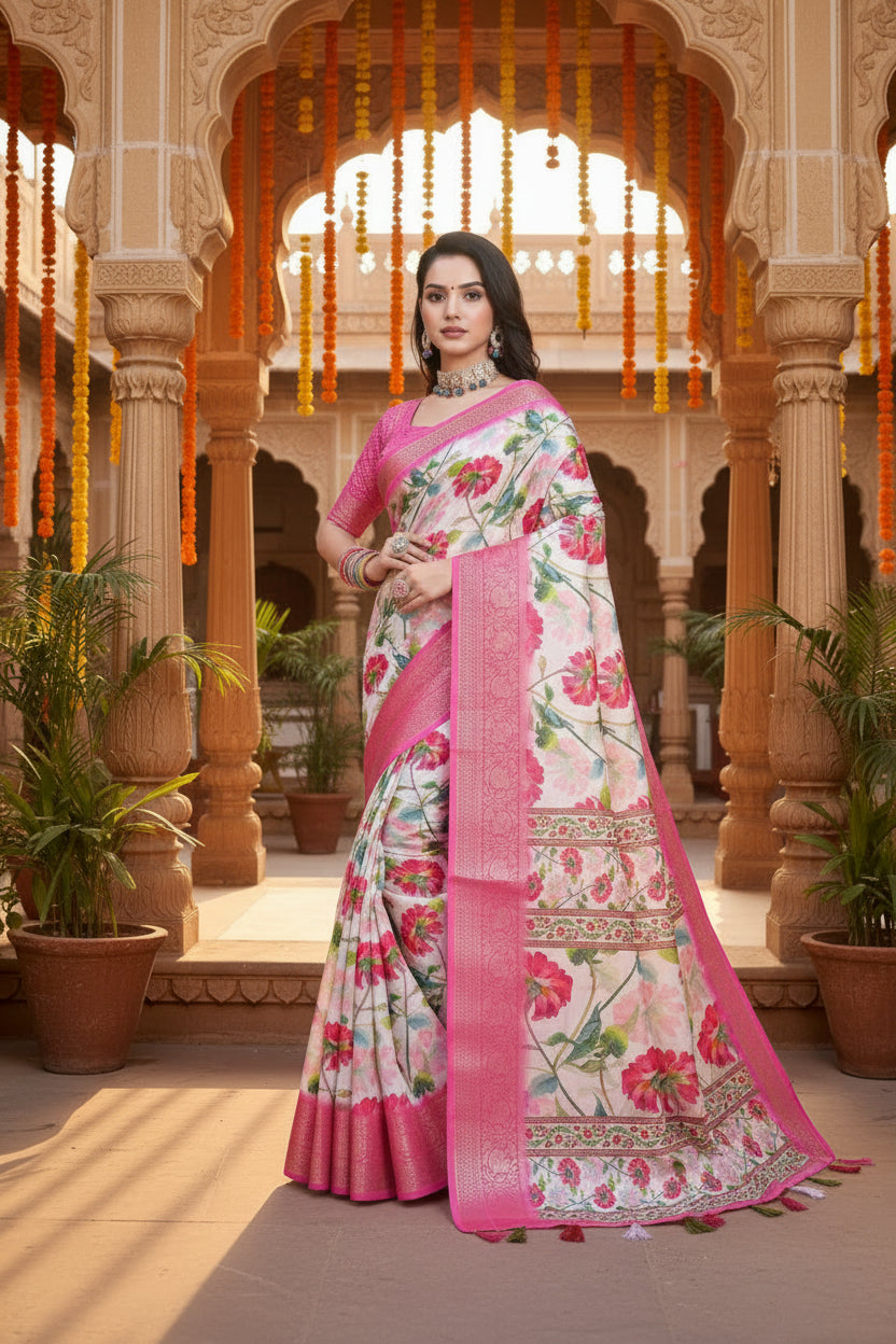 Women's cotton silk floral printed saree with unstitched blouse 5