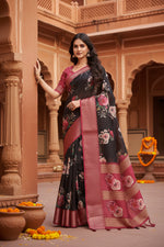 Load image into Gallery viewer, Women's Cotton Silk Floral Printed Saree With Unstitched Blouse 5.5Mtr (Black)