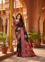 Load image into Gallery viewer, Women's Cotton Silk Floral Printed Saree With Unstitched Blouse 5.5Mtr (Black)
