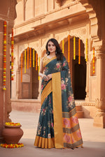 Load image into Gallery viewer, Women's Cotton Silk Floral Printed Saree With Unstitched Blouse 5.5Mtr (Blue)