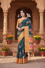 Load image into Gallery viewer, Women's Cotton Silk Floral Printed Saree With Unstitched Blouse 5.5Mtr (Blue)