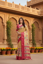 Load image into Gallery viewer, Women's Cotton Silk Printed Saree With Unstitched Blouse 5.5Mtr (Yellow Red)