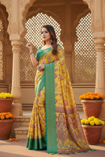 Load image into Gallery viewer, Women's Cotton Silk Floral Printed Saree With Unstitched Blouse 5.5Mtr (Yellow-Green)
