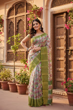 Load image into Gallery viewer, Women's Cotton Blend Floral Printed Saree With Unstitched Blouse 5.5Mtr (Green-White)