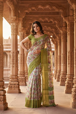 Load image into Gallery viewer, Women's Cotton Blend Floral Printed Saree With Unstitched Blouse 5.5Mtr (Green-White)