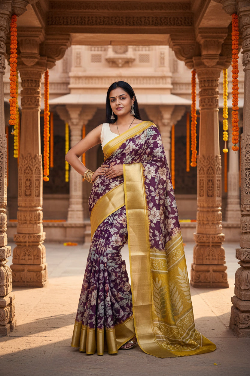 Pid 66696 women s cotton blend floral printed saree with unstitched blouse 5 5 mtr purple 1 1000x1000