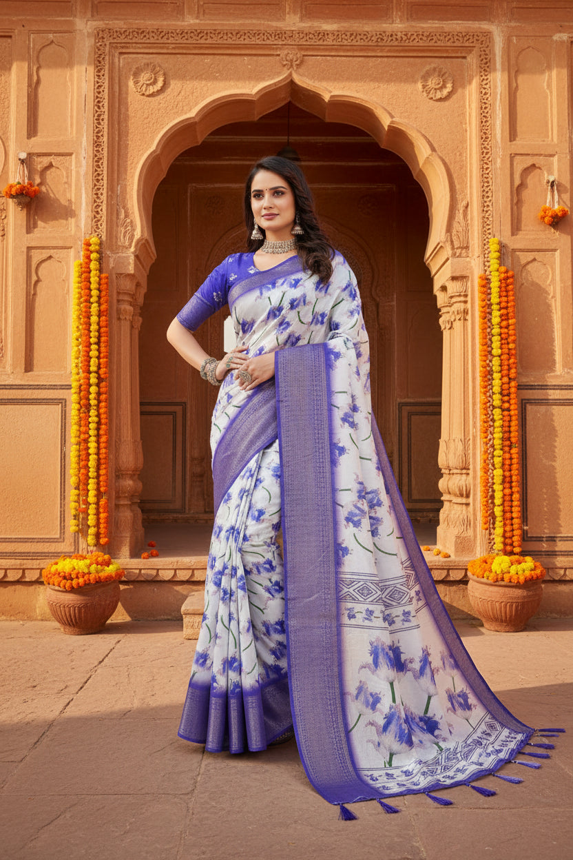 Women's cotton silk floral printed saree with unstitched blouse 5
