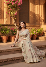 Load image into Gallery viewer, Women's Cotton Silk Floral Printed Saree With Unstitched Blouse 5.5Mtr (Cream)