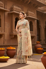 Load image into Gallery viewer, Women's Cotton Silk Floral Printed Saree With Unstitched Blouse 5.5Mtr (Cream)