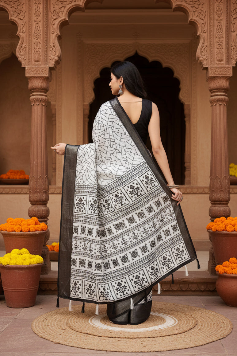 Women's cotton silk printed saree with unstitched blouse 5