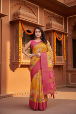 Load image into Gallery viewer, Women's Cotton Blend Floral Printed Saree With Unstitched Blouse 5.5Mtr (Yellow)