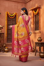 Load image into Gallery viewer, Women's Cotton Blend Floral Printed Saree With Unstitched Blouse 5.5Mtr (Yellow)