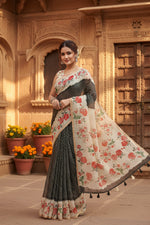 Load image into Gallery viewer, Women's Chanderi Floral Printed Saree With Unstitched Blouse 5.5Mtr (Black)