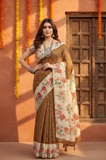 Load image into Gallery viewer, Women's Cotton Silk Floral Printed Saree With Unstitched Blouse 5.5Mtr (Brown)