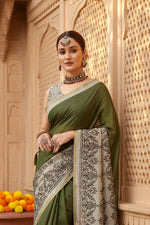 Load image into Gallery viewer, Women's Chanderi Printed Saree With Unstitched Blouse 5.5Mtr (Green)