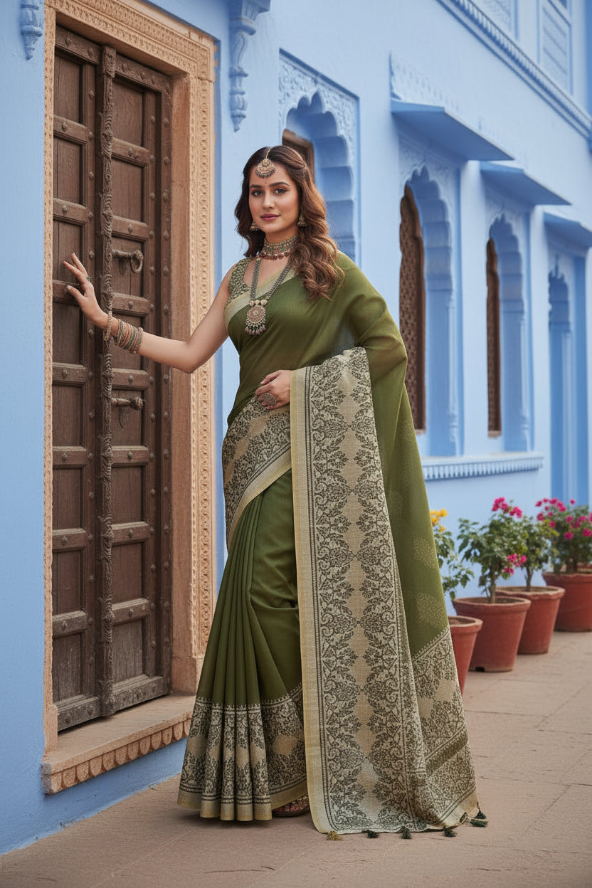 Women's chanderi printed saree with unstitched blouse 5