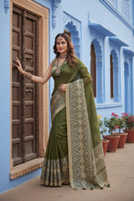 Load image into Gallery viewer, Women's Chanderi Printed Saree With Unstitched Blouse 5.5Mtr (Green)