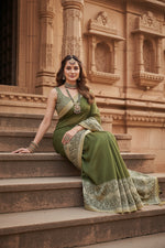 Load image into Gallery viewer, Women's Chanderi Printed Saree With Unstitched Blouse 5.5Mtr (Green)